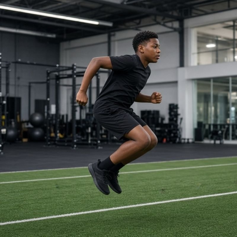 Male youth athlete performing explosive standing broad jump.