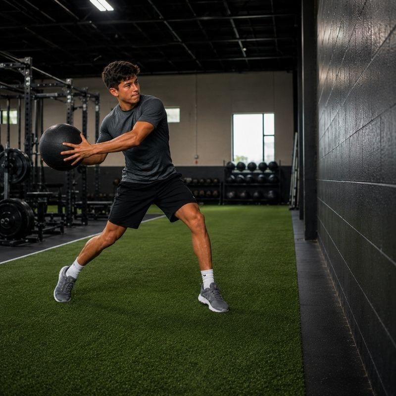 Male youth athlete performing dynamic medicine ball throw.