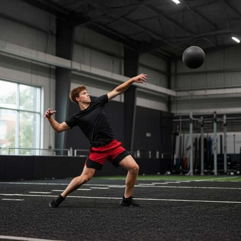 Youth athlete performing overhead medicine ball throw